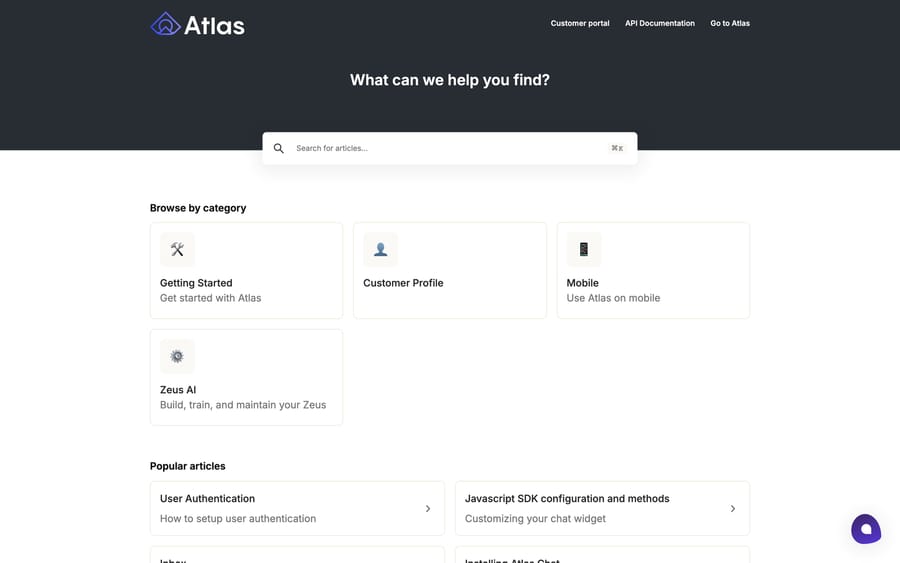 Atlas's help center, showing its "Zeus AI" category: "build, train, and maintain your Zeus."