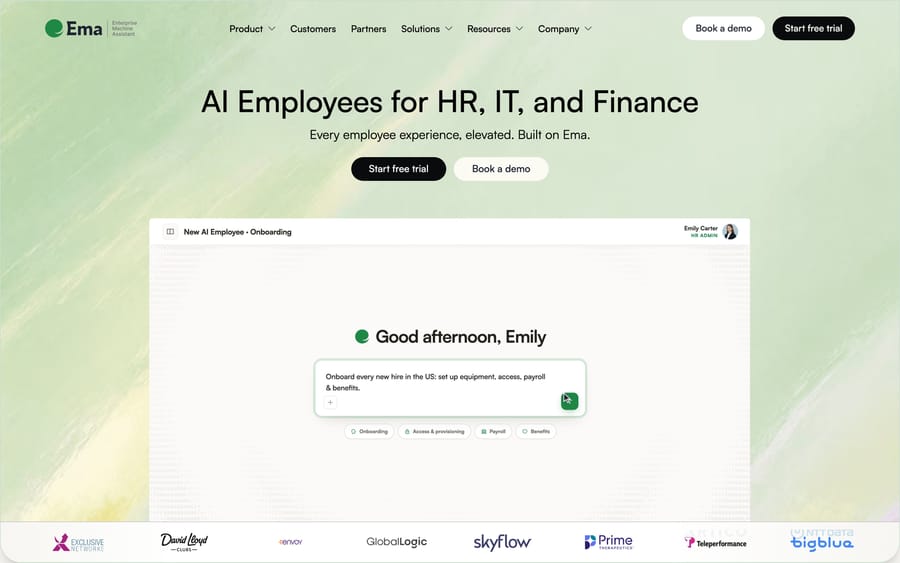 Ema's homepage: "AI Employees for HR, IT, and Finance," with customer logos including NTT DATA and Envoy.