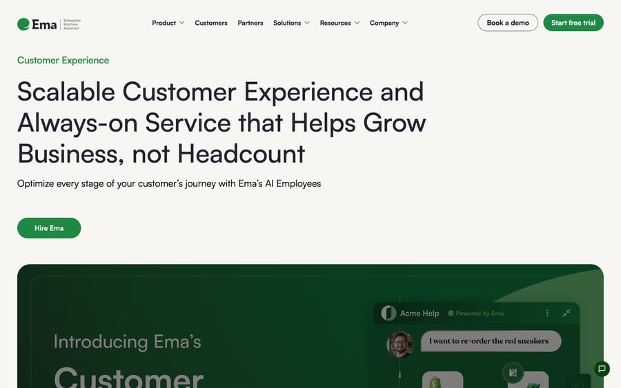 Ema's Customer Experience page: a chat widget mockup handling a customer's re-order request.