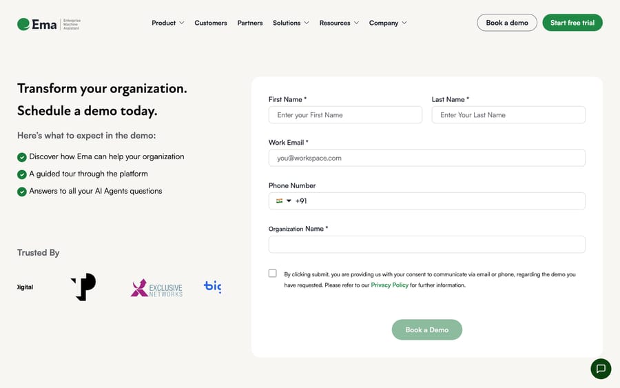Ema's demo-request page — the closest thing to pricing on the site, with no plan names or numbers.