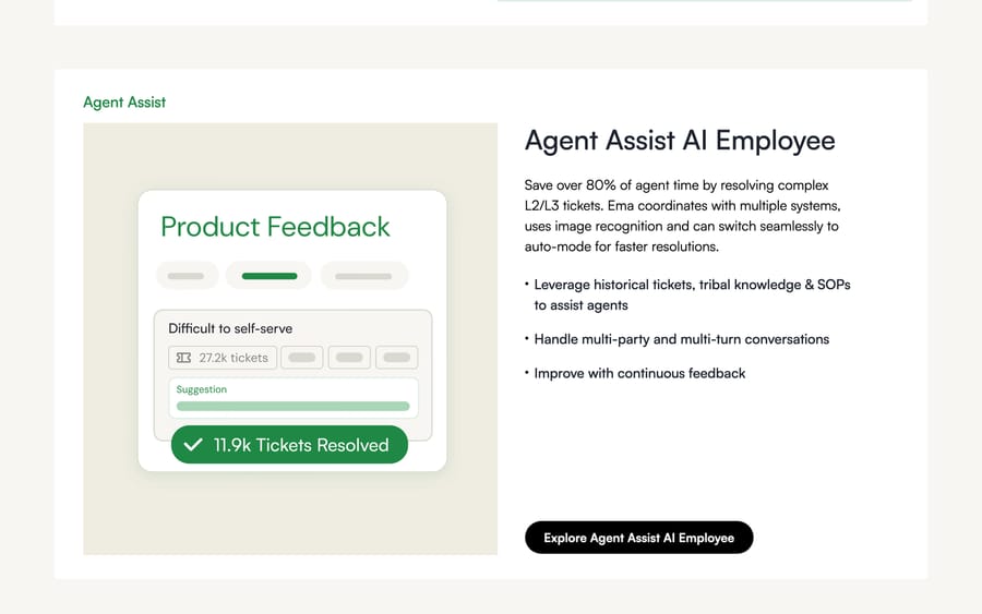 Ema's Agent Assist AI Employee page, showing a support ticket flagged against 27.2k similar tickets.