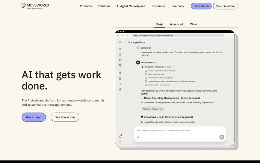Moveworks' homepage, now "from ServiceNow," showing its EmployeeWorks multi-request demo.