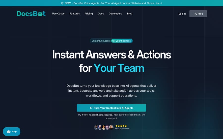 DocsBot's homepage: "Instant Answers & Actions," pitching AI agents built from a business's knowledge base.