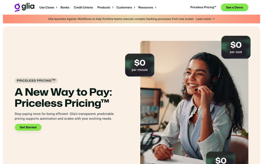 Glia's pricing page, "A New Way to Pay: Priceless Pricing," showing "$0 per minute" and "$0 per seat" callouts.