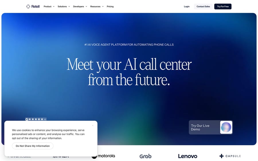 Retell AI's homepage: "Meet your AI call center from the future," with Motorola, Grab, Lenovo and Capsule logos.