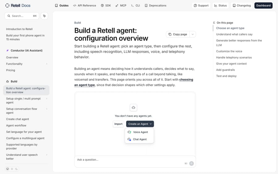 Retell's docs: the Build a Retell agent flow, with agent type, speech, LLM, voice, and telephony steps.