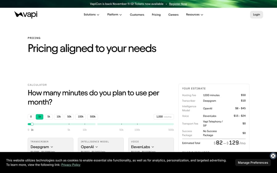 Vapi's pricing calculator, estimating $82–$129/month for 1,000 minutes of usage.