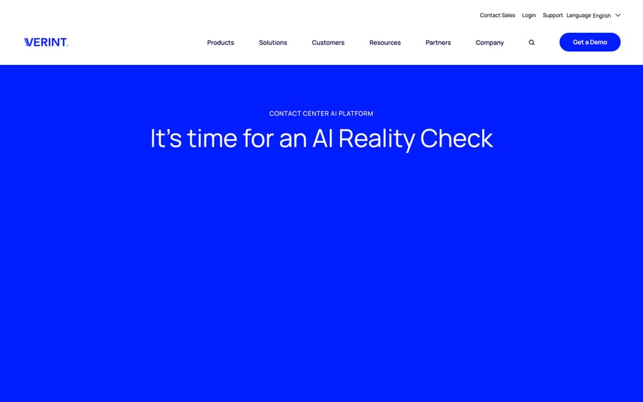 Verint's homepage banner reading "It's time for an AI Reality Check," the company's current tagline.