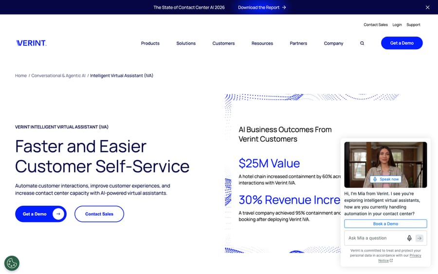 Verint's Intelligent Virtual Assistant product page, showing self-service automation claims and customer outcome figures.