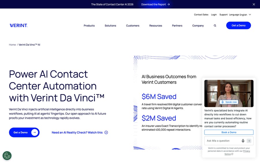 Verint's Da Vinci AI page, leading with customer outcome claims of $6M and $2M saved.
