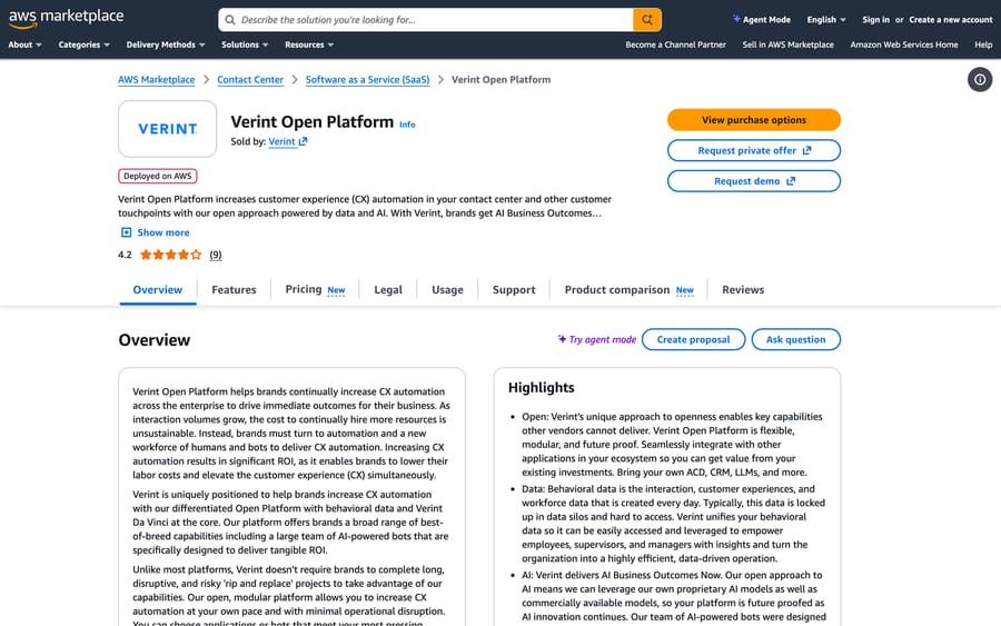 Verint's Open Platform listing on AWS Marketplace, showing a 4.2-star rating from 9 reviews and a "Pricing" tab.