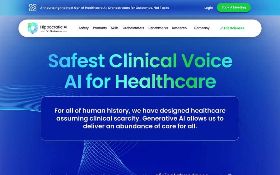 Hippocratic AI's homepage headline: "Safest Clinical Voice AI for Healthcare."
