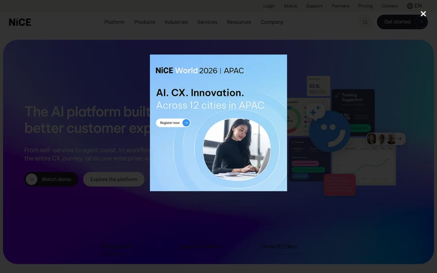 NICE's homepage: "The AI platform built for better customer experiences," a direct Verint rival.