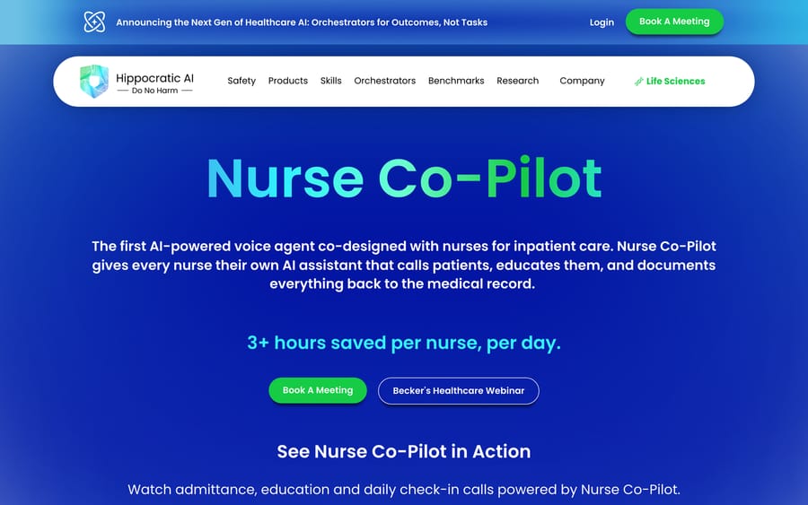 Hippocratic AI's Nurse Co-Pilot product page, stating "3+ hours saved per nurse, per day."