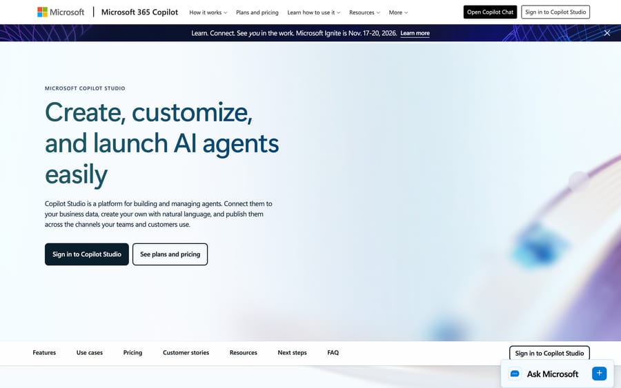 Microsoft Copilot Studio's homepage: "Create, customize, and launch AI agents easily."