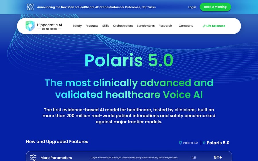 Hippocratic AI's Polaris 5.0 launch page, showing parameter counts against version 4.0.