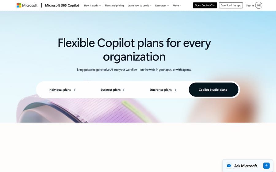 Microsoft's Copilot Studio plans page: "Flexible Copilot plans for every organization," with a Copilot Studio plans tab.