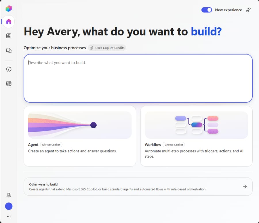 The Copilot Studio agent-creation screen: "Hey Avery, what do you want to build?" with Agent and Workflow options.