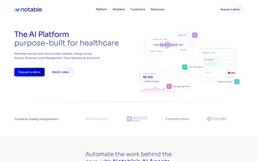 Notable's homepage, showing its AI agents for healthcare access and revenue cycle workflows.