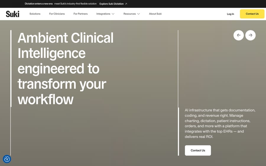 Suki AI's homepage, positioned as ambient clinical intelligence for medical documentation.
