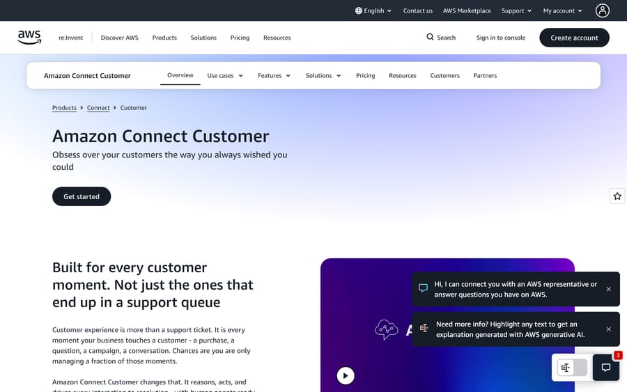 Amazon Connect Customer homepage: "Obsess over your customers the way you always wished you could."