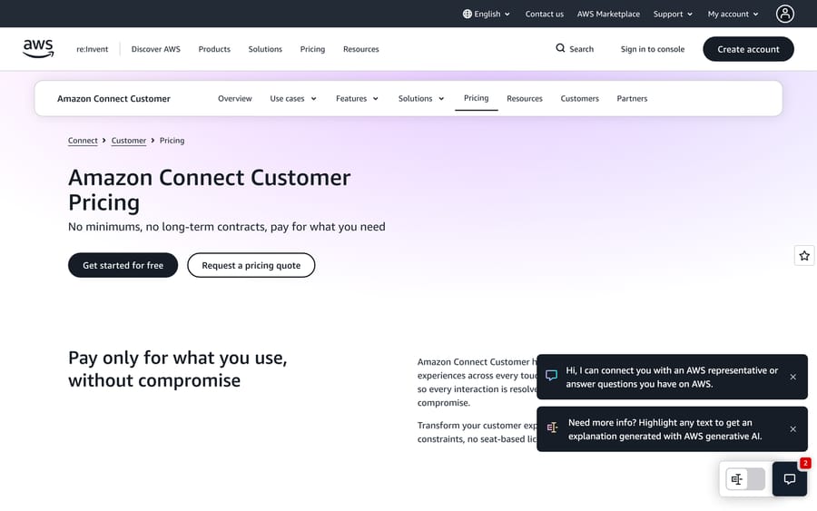 Amazon Connect Customer pricing page: "Pay only for what you use, without compromise."