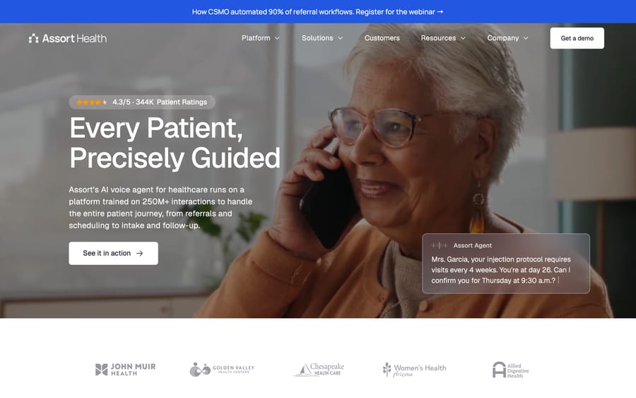 Assort Health's homepage advertising AI voice agents for medical practice phone calls.