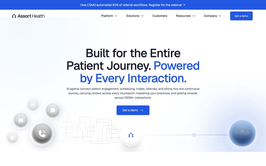Assort Health's platform page: "Built for the Entire Patient Journey," citing 250M+ interactions.