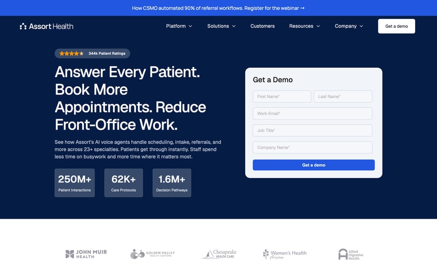 Assort Health's Book a Demo page, the only path to pricing information since there is no public pricing page.
