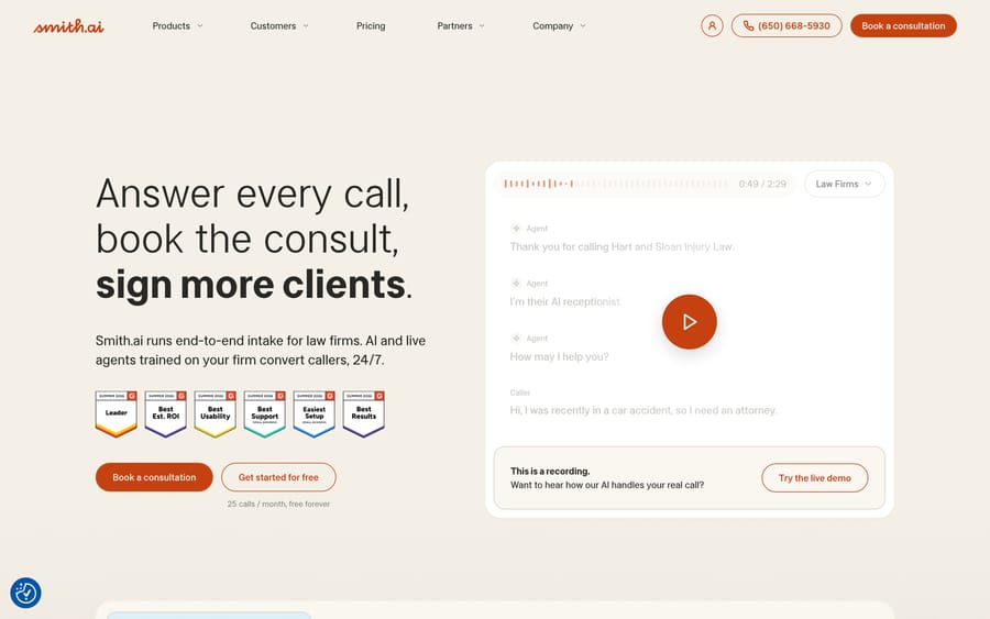 Smith.ai's homepage: "Answer every call, book the consult, sign more clients," with a demo widget.