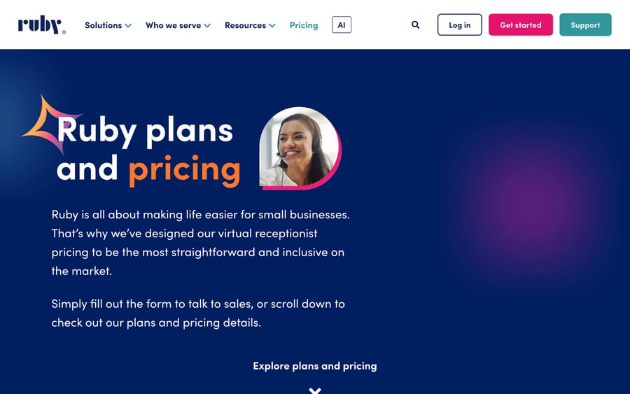 Ruby's pricing page hero, describing simple virtual receptionist pricing for small businesses.