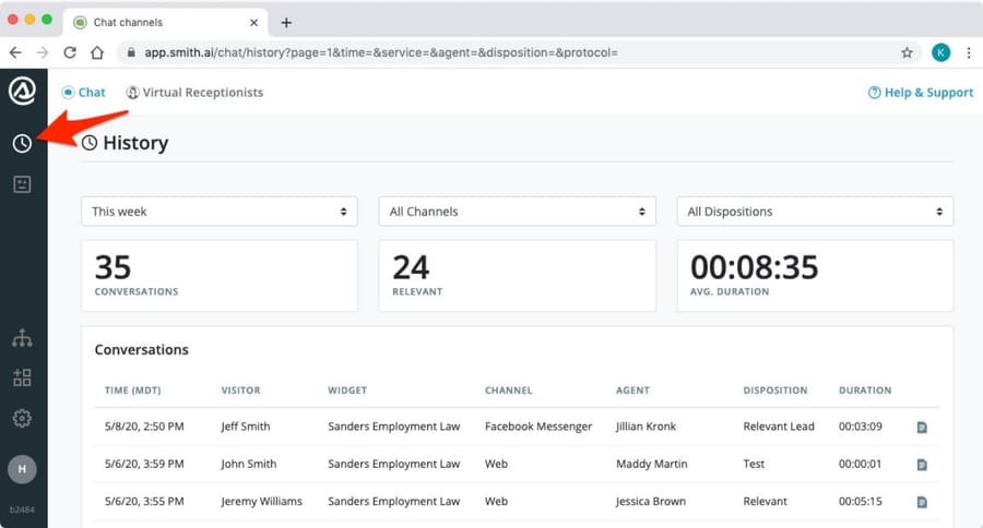 Smith.ai's chat dashboard: 35 conversations this week, 24 relevant, 8:35 average duration.