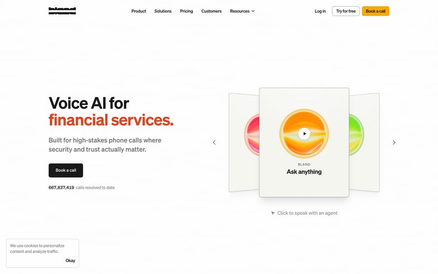 Bland AI's homepage: "Voice AI for financial services," 667M+ calls resolved to date.