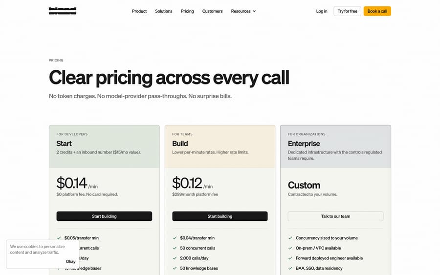 Bland's pricing page: Start at $0.14/min, Build at $0.12/min plus a $299/month platform fee, and custom Enterprise pricing.