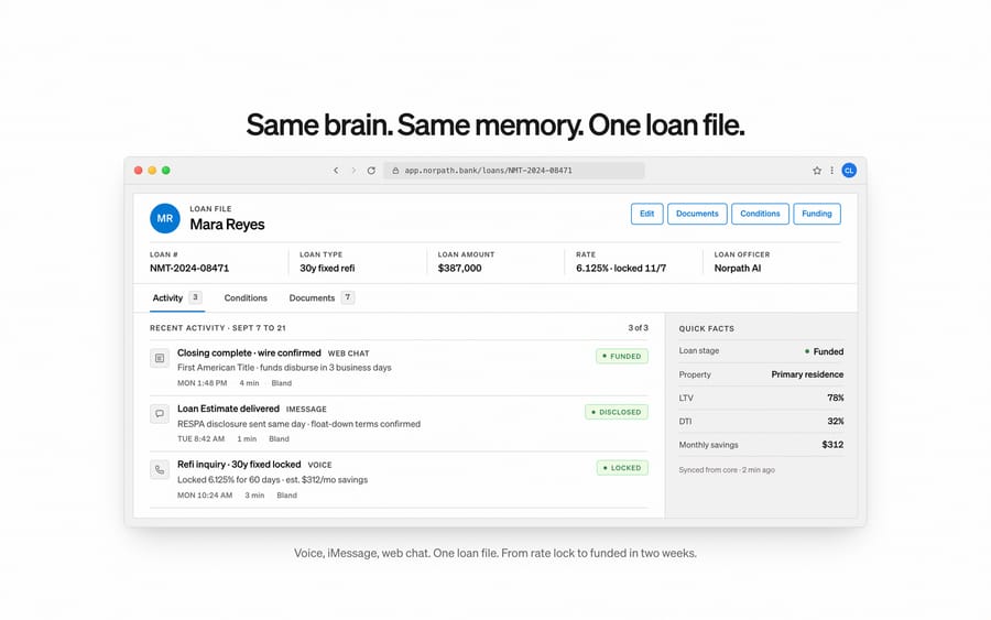Bland's demo: one loan file logging a call, an iMessage thread, and a web chat together.
