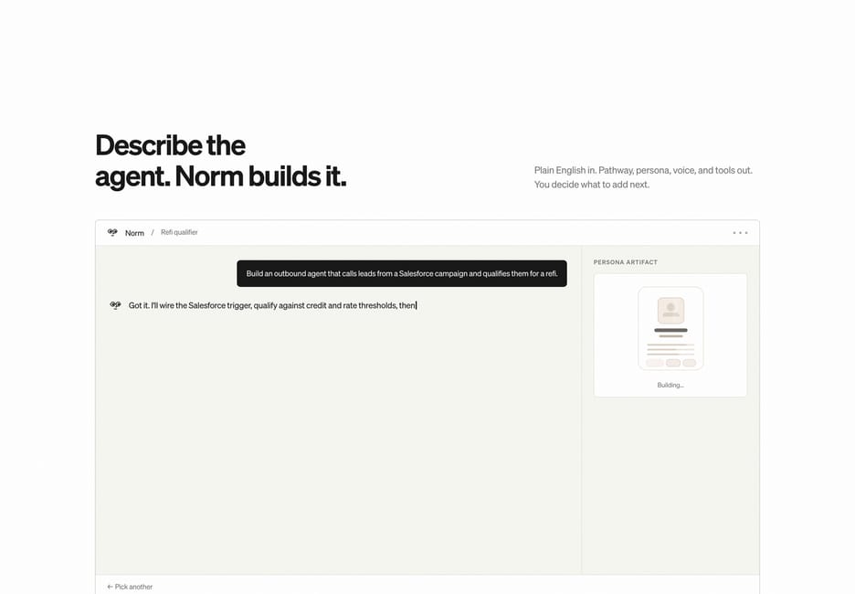 Bland's "Norm" agent builder: a plain-English request being turned into a Salesforce-triggered outbound qualification agent.