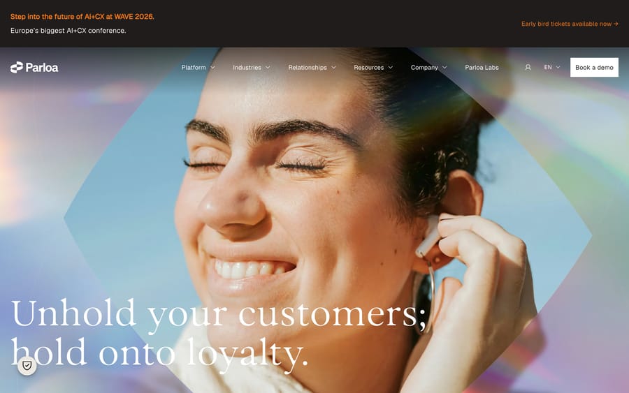 Parloa's homepage: "Unhold your customers; hold onto loyalty," an AI+CX platform for enterprise contact centers.