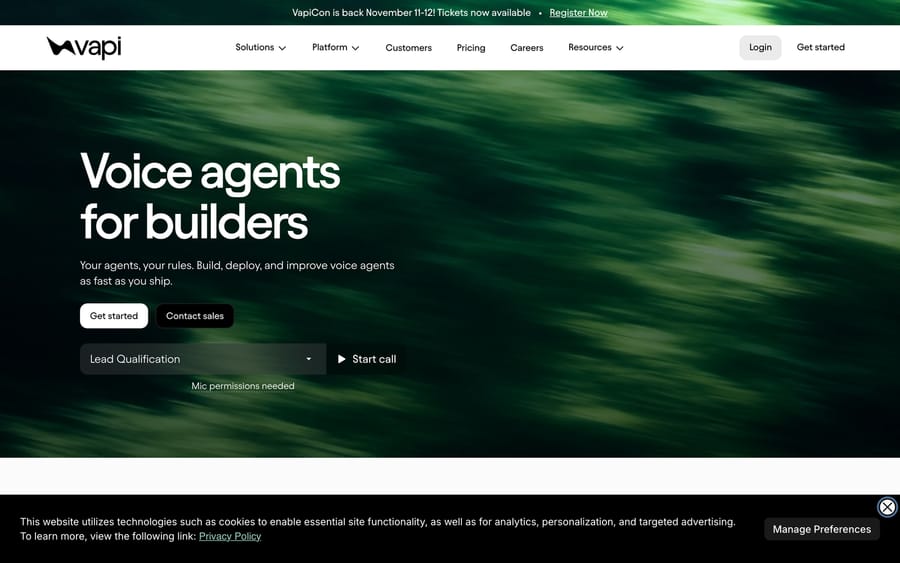 Vapi's homepage: "Voice agents for builders," with a live call-testing widget and a pricing link in the nav.