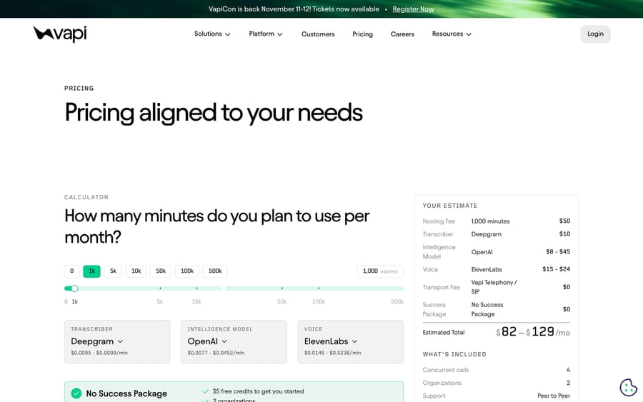 Vapi's pricing calculator, showing a $82-$129/month estimate for 1,000 minutes with Deepgram, OpenAI and ElevenLabs selected.