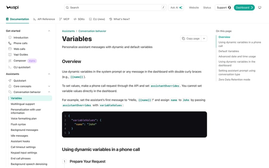 Vapi's developer documentation: sidebar categories for assistants, model configuration, tools and phone numbers.