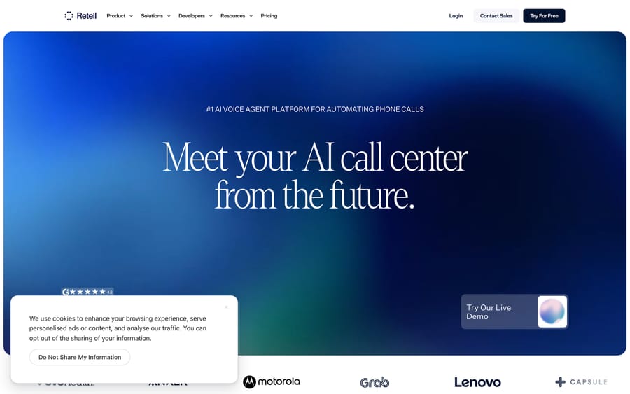 Retell AI's homepage: "Meet your AI call center from the future," showing a 4.8 G2 rating badge.