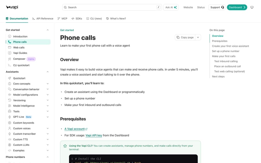 Vapi's docs quickstart for phone calls, showing the dashboard/API steps to create an assistant and place a call.