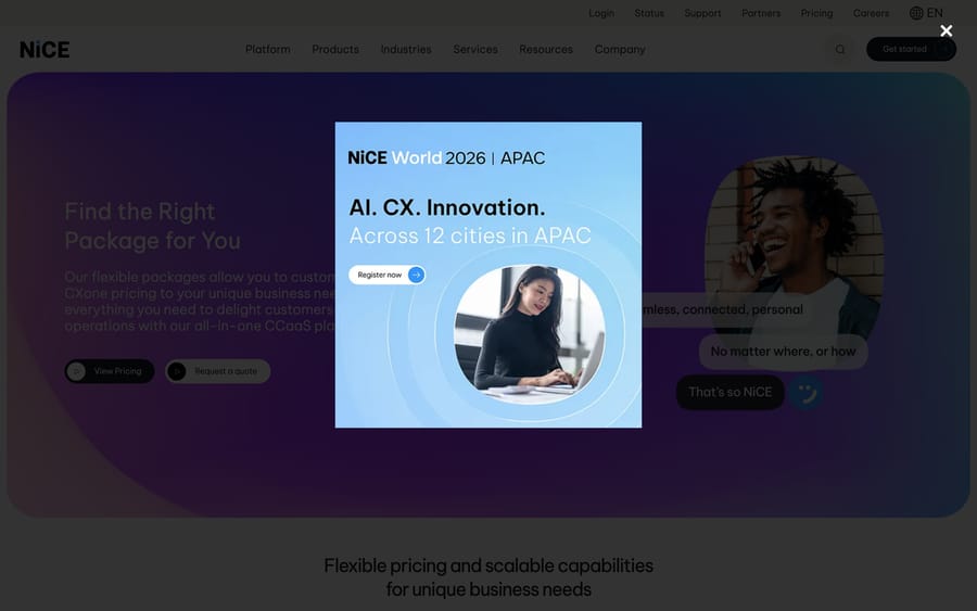 NICE's pricing page: "Find the Right Package for You," advertising flexible CXone pricing across package tiers.