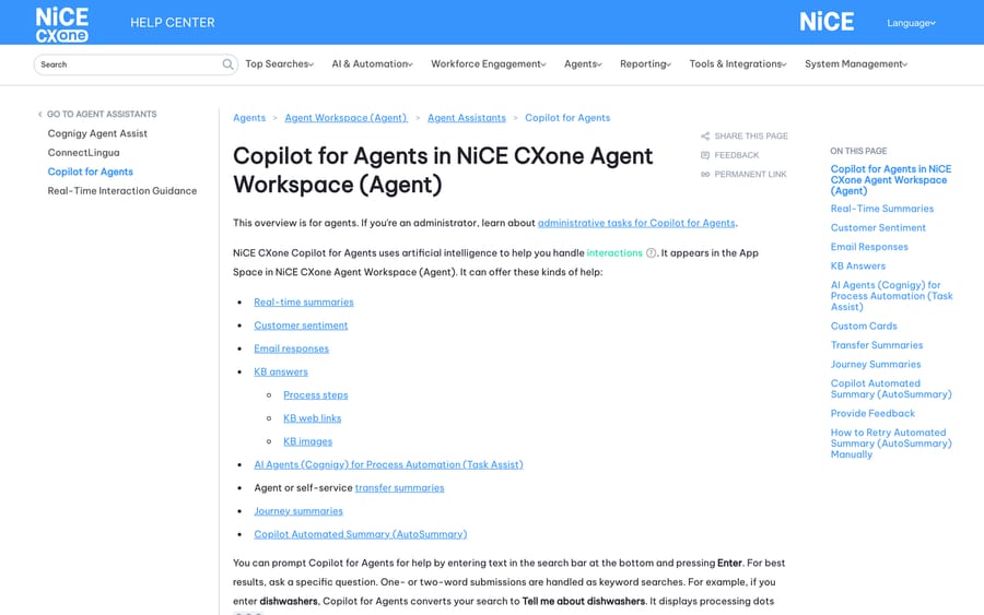 NICE's help centre for Copilot for Agents: summaries, sentiment, email replies and KB answers.