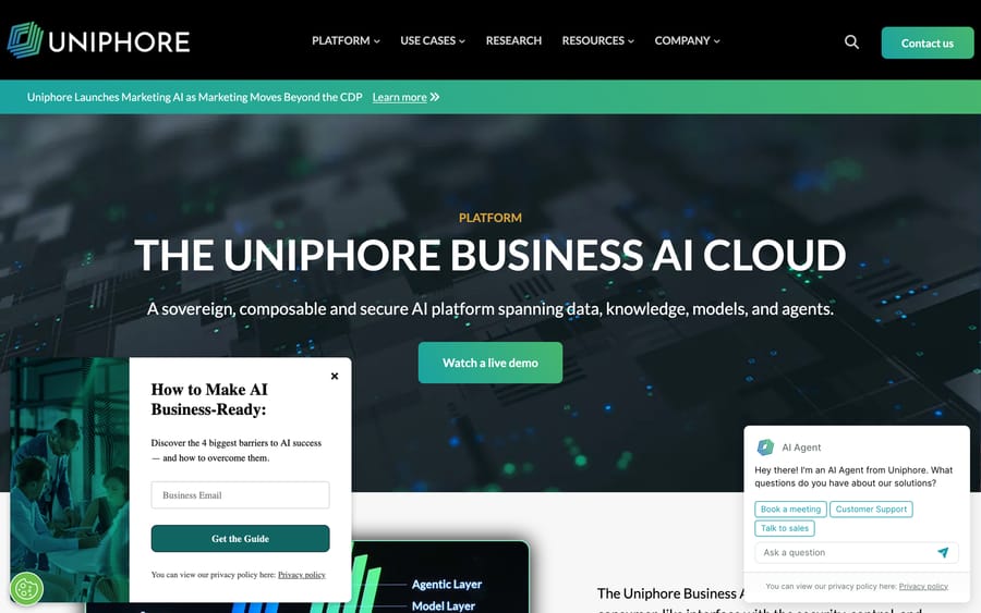 Uniphore's Business AI Cloud platform page, showing the Agentic Layer and Model Layer in its four-layer architecture diagram.