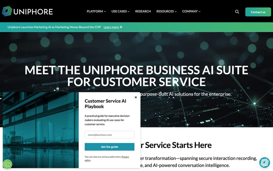 Uniphore's Business AI Suite for Customer Service page, listing interaction recording and conversation intelligence.