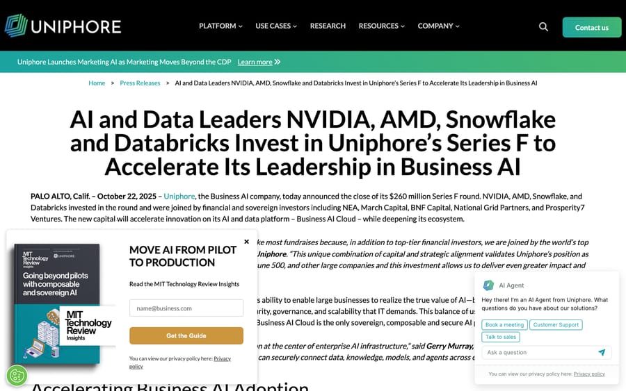 Uniphore's press release for its $260M Series F, naming NVIDIA, AMD, Snowflake and Databricks as investors.