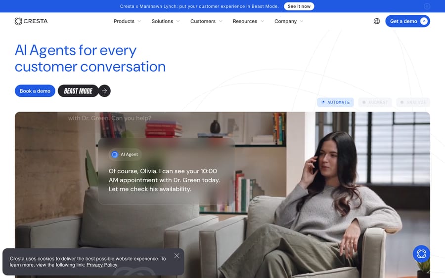Cresta's homepage, positioned as "AI Agents for every customer conversation," shown mid live phone call.
