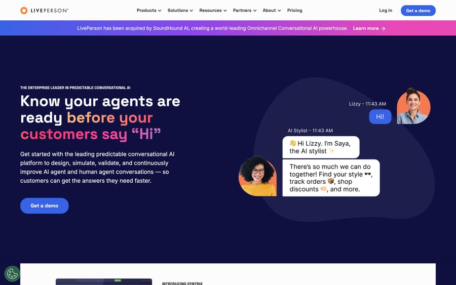 LivePerson's homepage promoting its conversational AI platform for business, now owned by SoundHound AI.