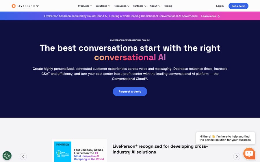 LivePerson's Conversational Cloud product page showing its conversation builder, agent workspace, and analytics dashboard.